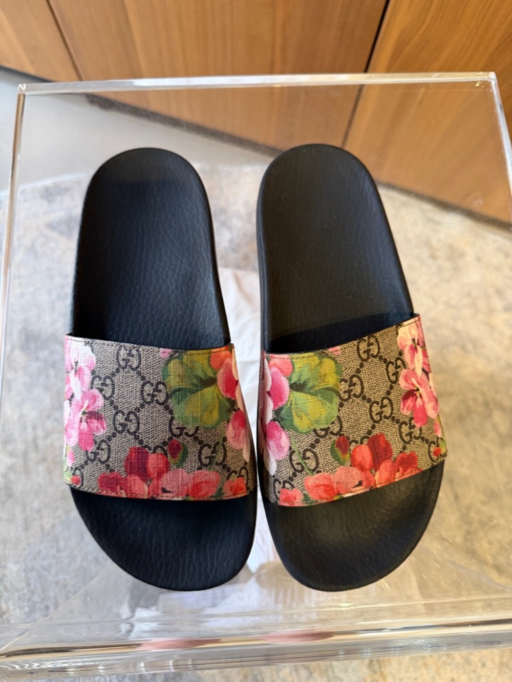 Gucci Floral Monogram Slide Sandals in Black with Pink and Green Accents - Picture 7 of 12